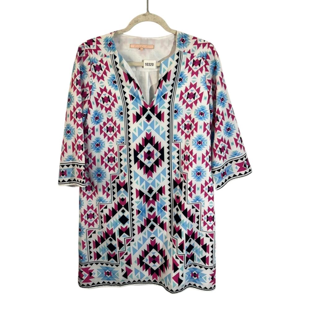 Anthropologie Hutch Lined Dress Womens Size S Geometric 3/4 Sleeve Neck-Collar